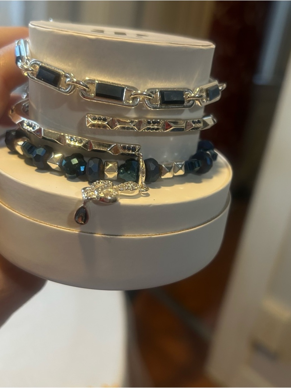 Women’s Silver and Hematite Bead Stack Bracelet Set - Dark blue